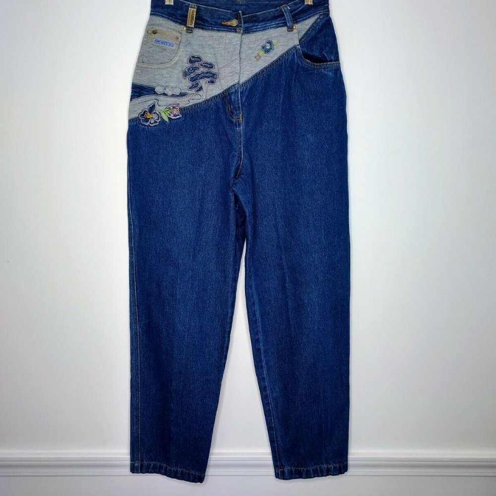 Vintage 80s Together Floral Jeans Size Missy 12 High Waist Fleece Denim